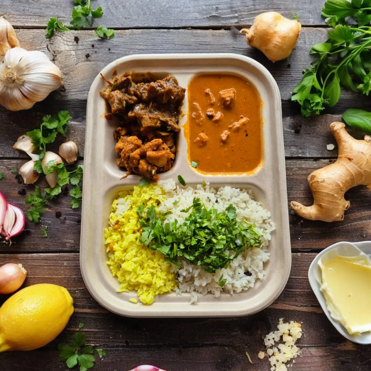 Kolapasi meal tray with two curries, turmeric rice and steamed rice on a wooden table